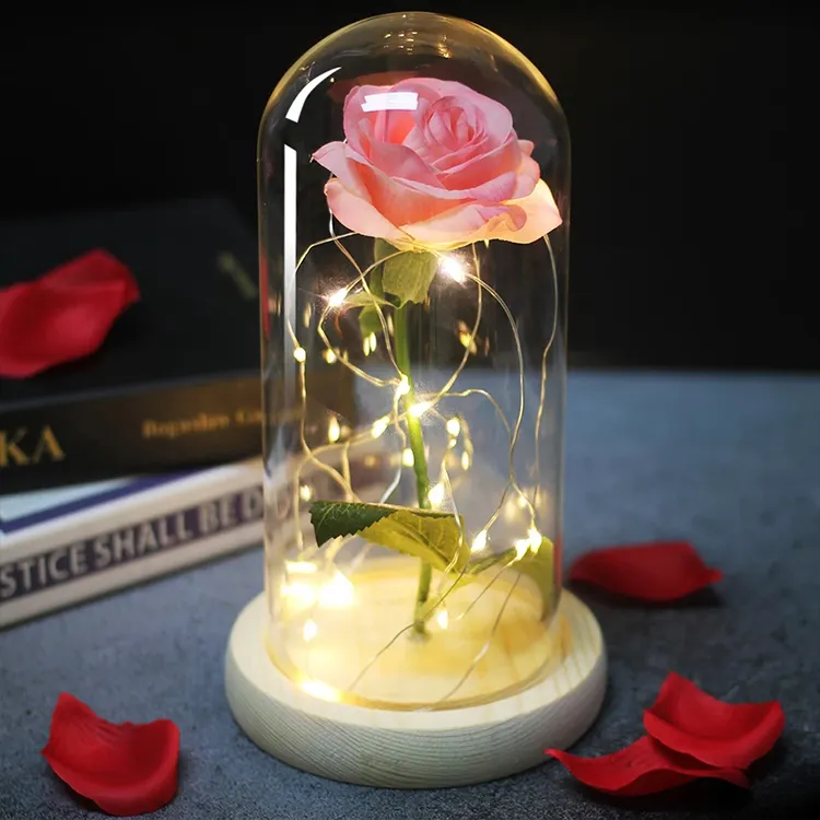 Rose éternelle sous dôme de LED comme dans la belle et la bête, fleur romantique, pour un cadeau de noël, pour la saint-valentin, pour les mères