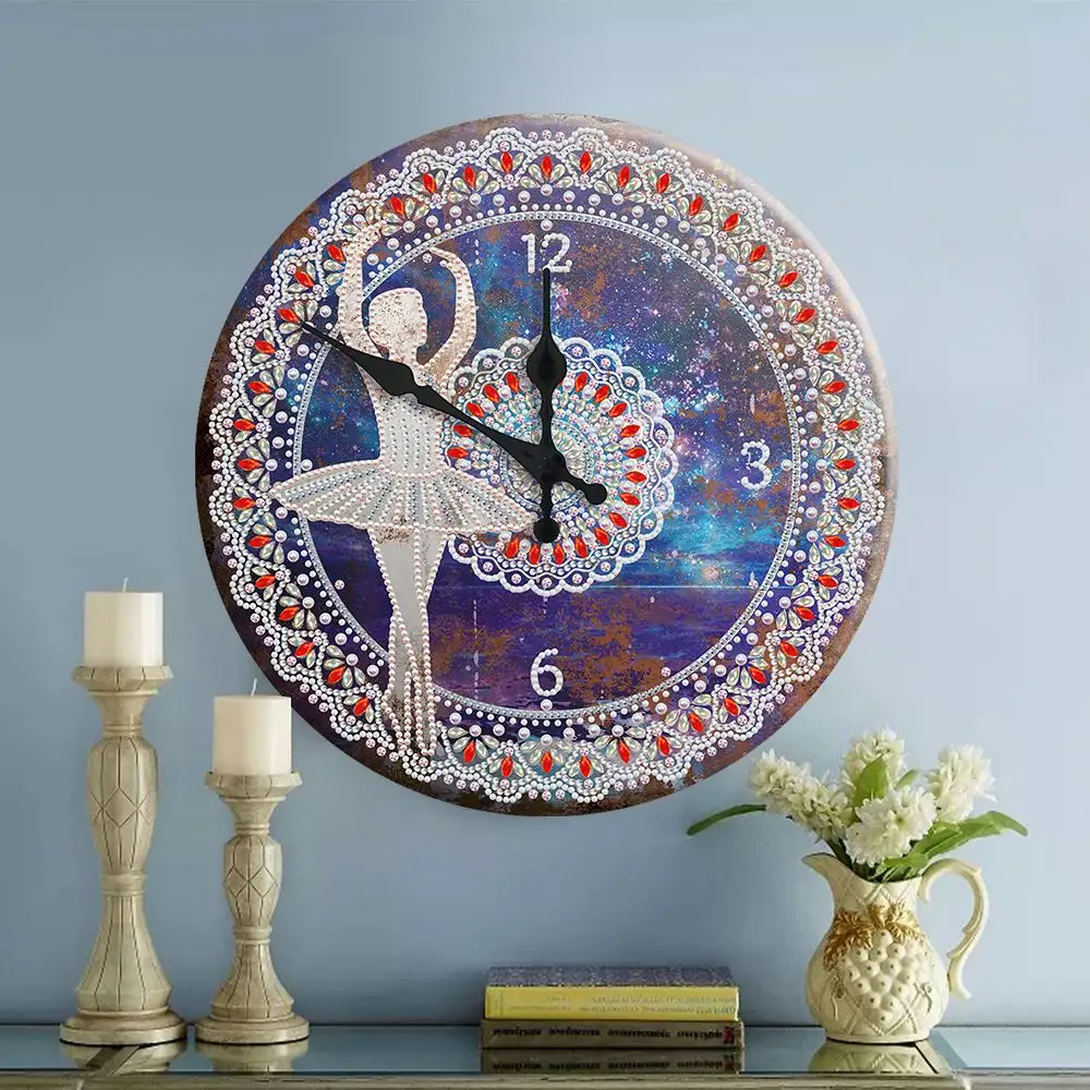 Offre Spéciale forme ronde danse fille Design suspendu étain diamant peinture horloge