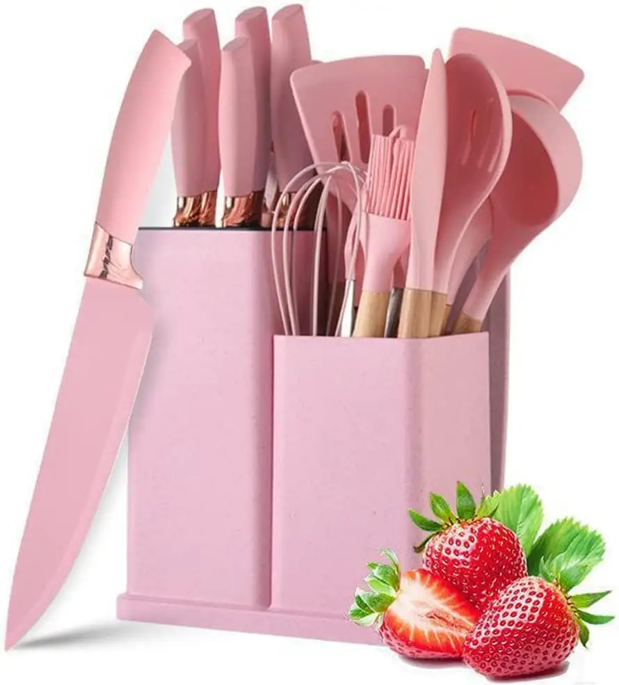 Offre Spéciale 19 pièces couteau de cuisine ustensile en silicone rose avec planche à découper ensemble de gadgets de cuisine
