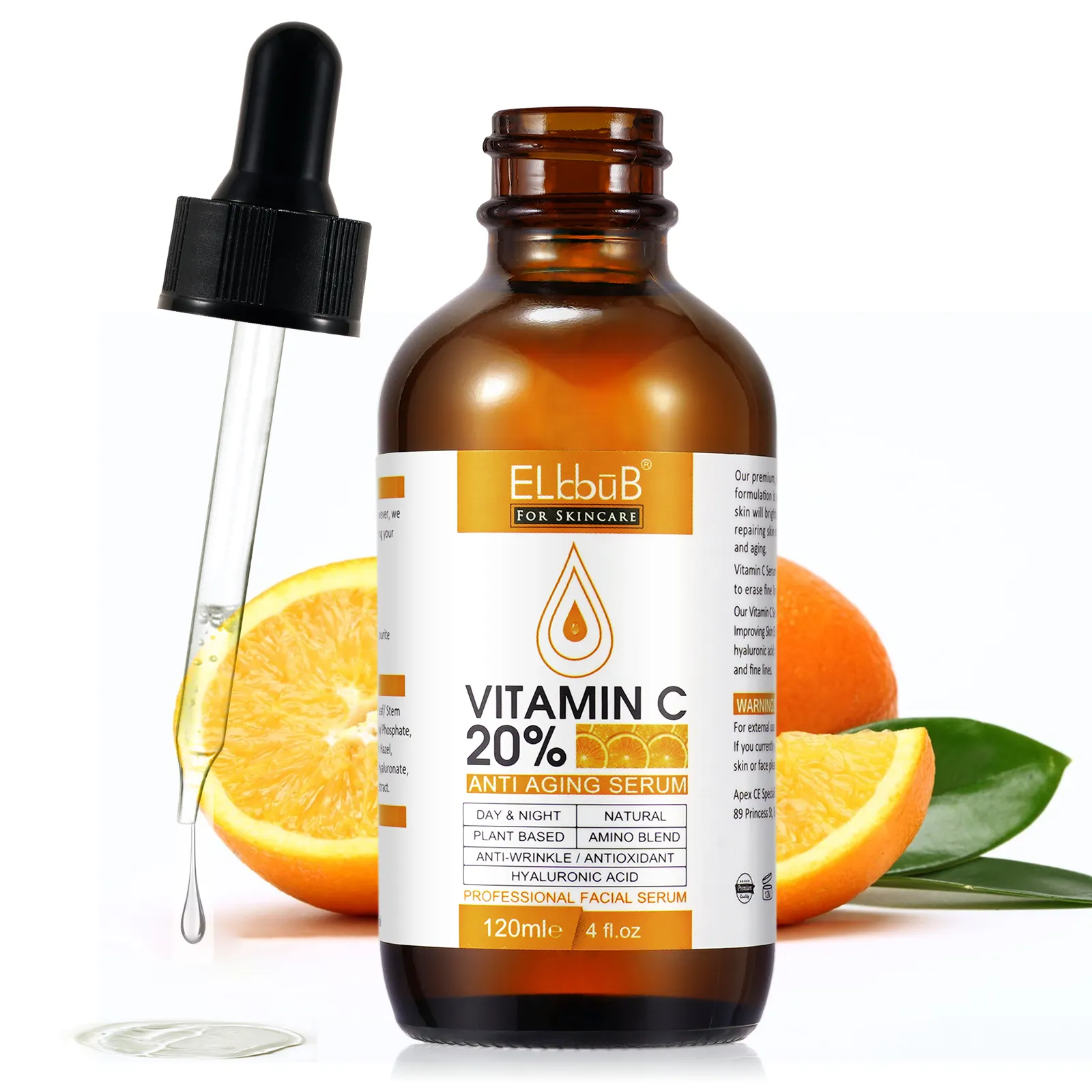 Sérum de soin de la peau biologique à la vitamine C de 120ml ELbbuB de marque privée, sérum à la vitamine C éclaircissant et blanchissant pour le visage