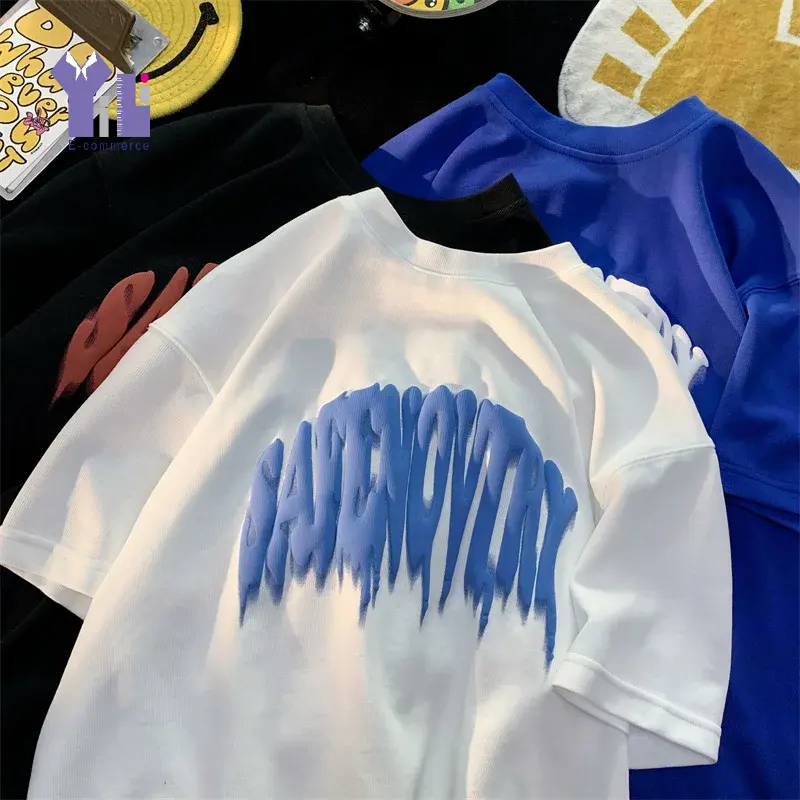 Benutzer definiertes Logo Hip Hop O-Ausschnitt Bestickt Plain Cotton Acid Washed T-Shirt Für Männer Geprägte Puff Printing Plus Size Herren T-Shirts