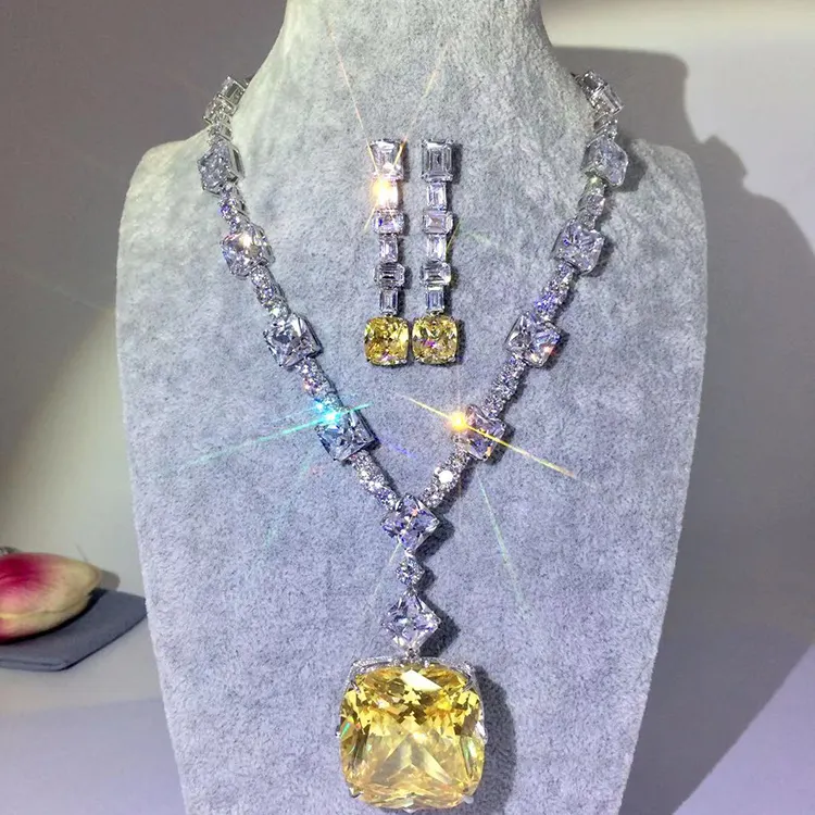 Collar de piedras preciosas de imitación de diamante de lujo, collar de fiesta de Plata de Ley 925, colgante cuadrado de circón amarillo