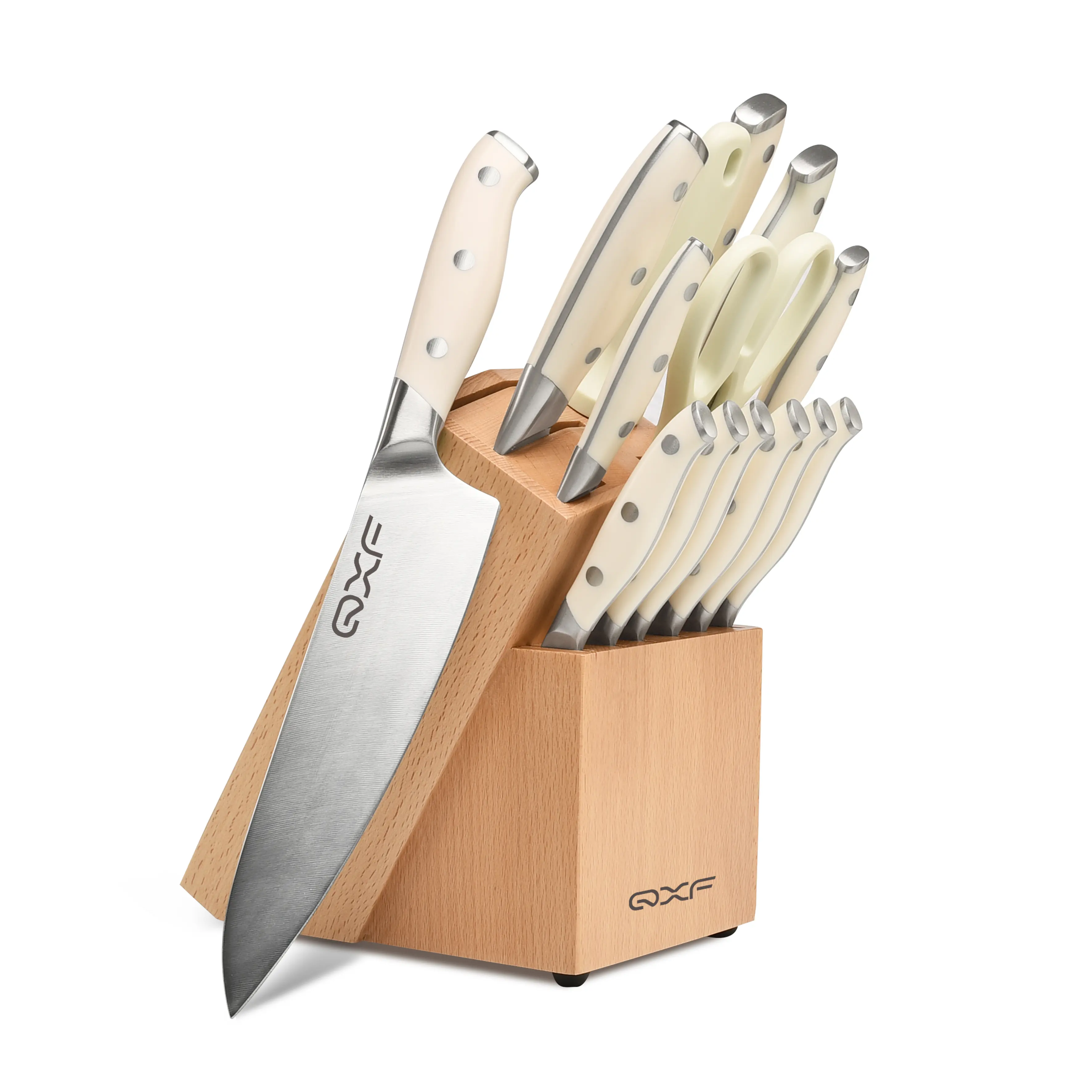 Conjunto de facas de cozinha profissional de aço inoxidável com 15 peças, conjunto de facas de alto carbono para chef e bloco de facas de madeira