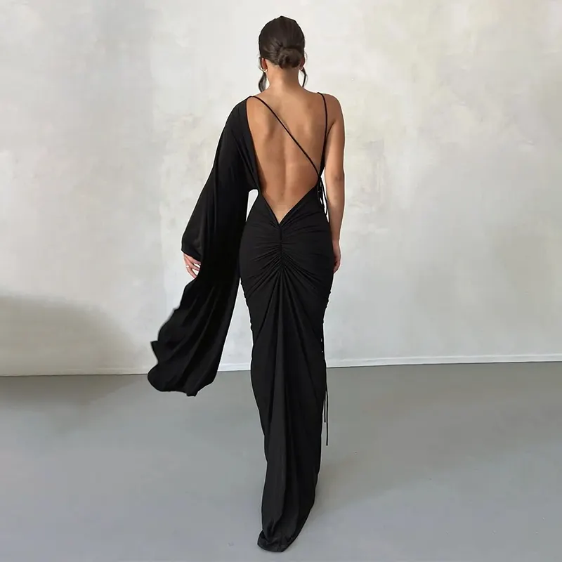 Produit chaud vêtements pour femmes soirée dîner noir à lacets coupe basse une épaule dos ouvert drapé froncé robe dos nu