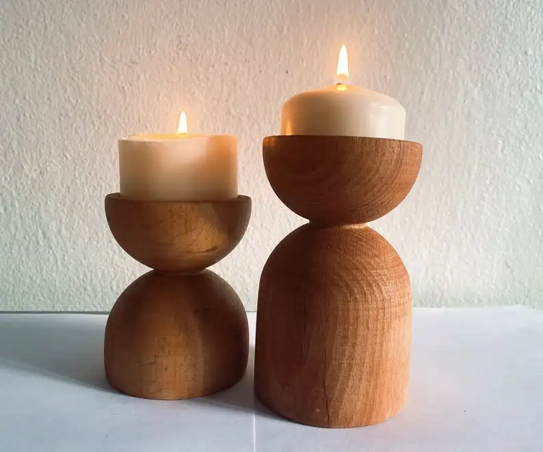 Juego de candelabros decorativos de madera hechos a mano, soporte de vela de Pilar nórdico votivo