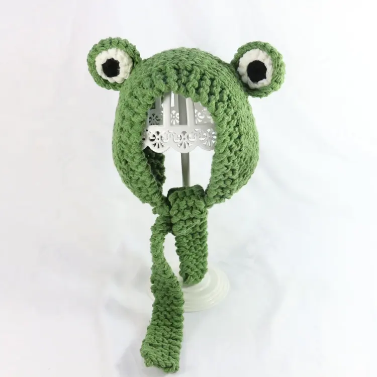 HZM-18517 En Gros à la main grenouille crochet bonnet bébé hiver chaud en peluche animaux enfants chapeaux tricotés