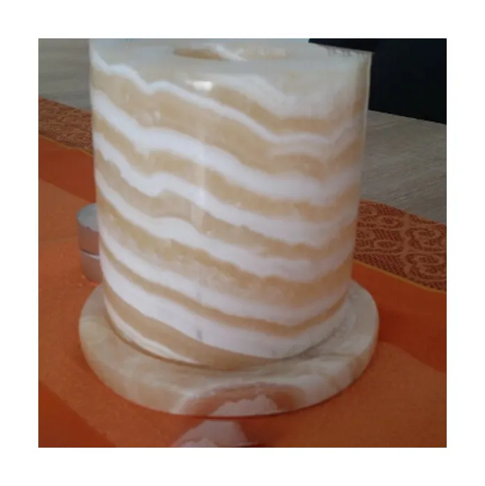 Portacandele rotondo in pietra di marmo naturale cinese alabastro arancione miele onice