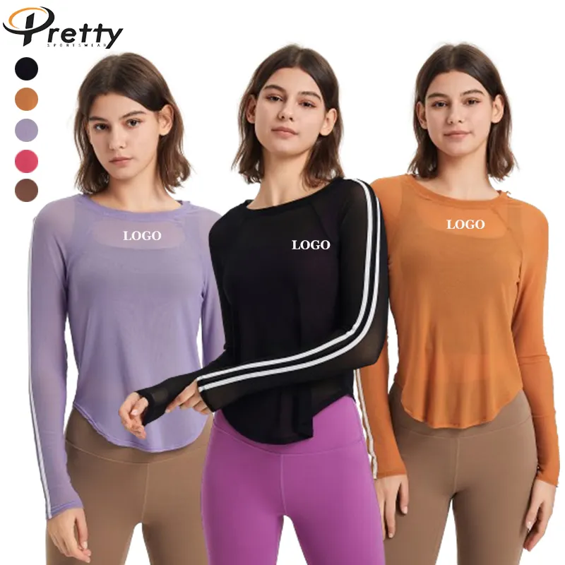 Vente en gros de vêtements de sport d'entraînement pour femmes T-shirt respirant à séchage rapide Patchwork Mesh Manches longues Slim Fitness Yoga Débardeur