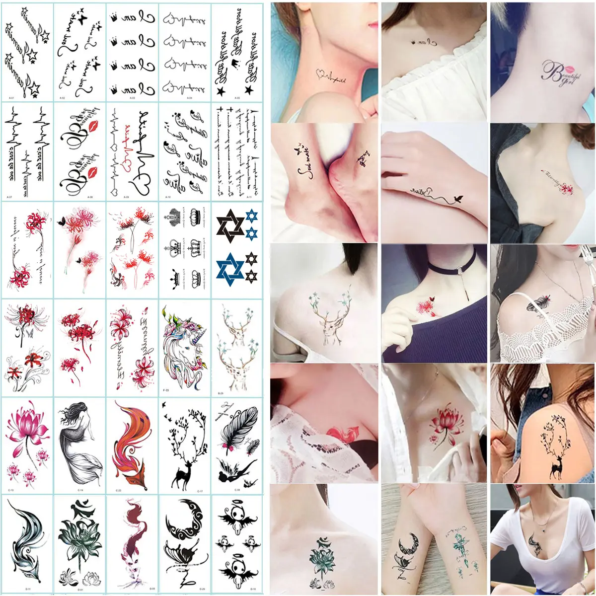 Pegatinas de tatuajes de estilo INS para mujer y niña, paquete de 30 hojas por transferencia al agua, tatuajes de piezas pequeñas para cuerpo, cara, cuello y hombros