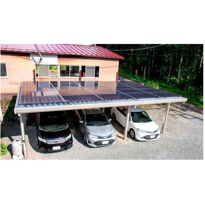 Instalación de sistema fotovoltaico solar Estructura de acero para cochera resistente Toldo de aluminio para Villa para camioneta