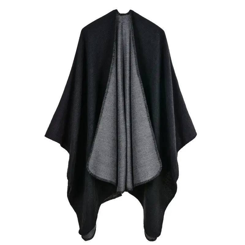 Poncho élégant chaud d'hiver personnalisé pour femmes avec châle classique en acrylique écharpe noire et grise à double face avec glands