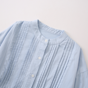 Áo sơ mi cotton cổ đứng màu xanh kiểu vintage dành cho nữ, tay bồng xếp ly kiểu Pháp cổ điển, dáng rộng - Product Image 3