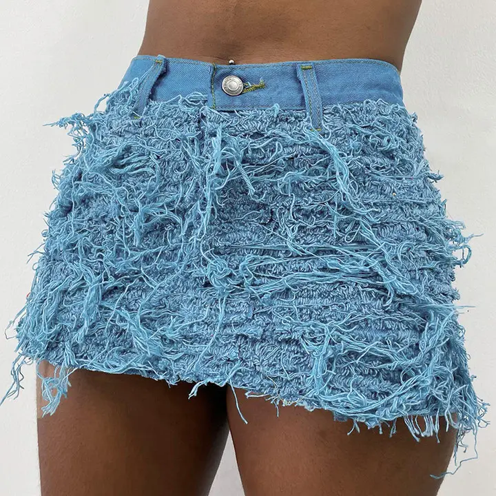 2023 New Hot Selling Y2K Clothing Denim Skirt Sexy Tight Tassel Mini Skirt Club Wearing Denim Sexy Mini Dress for Girl