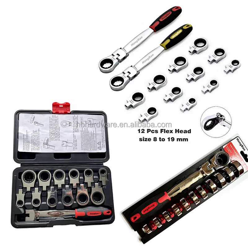 Set kunci pas kepala fleksibel Multi ukuran, Set alat tangan kombinasi kunci pas cincin baut mur penggerak roda bergigi 12 buah 8-19mm