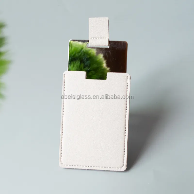 Kecantikan portabel baja nirkarat logam gaya kartu kredit kompak hadiah kosmetik saku Make Up cermin dengan kantong Pu