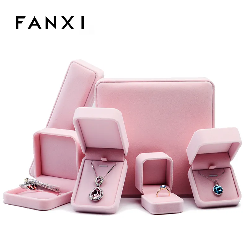 FANXI नए गहने उपहार बॉक्स के लिए कान की बाली कंगन हार डालने कस्टम नरम गुलाबी मखमल की अंगूठी गहने बॉक्स