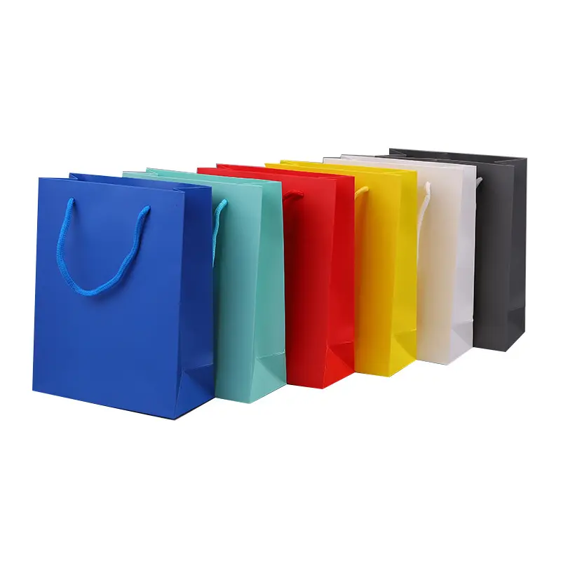 Üreticileri özel Logo hediye ambalaj kağıdı çanta düz renk karton alışveriş çantası halat saplı