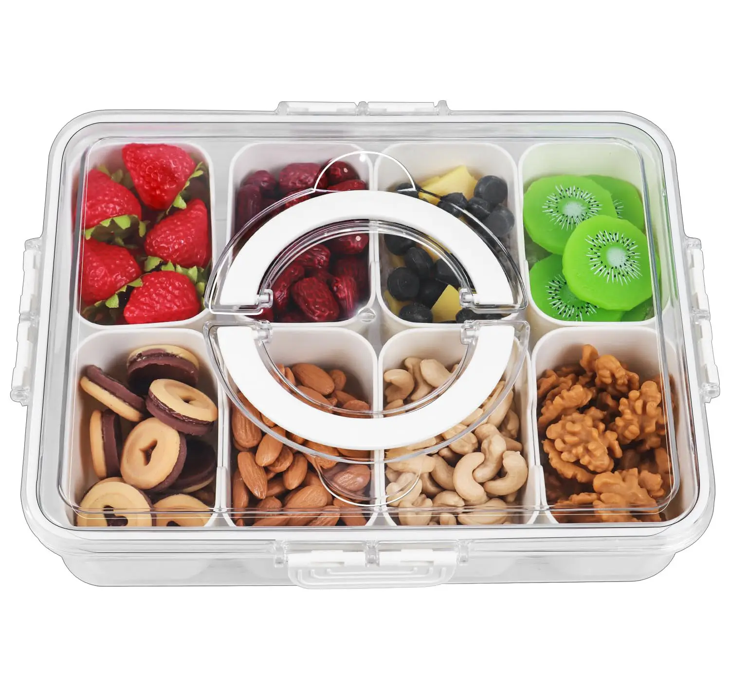 Divided Clear Snack Serving Tray with Lid & Handle, Snackle Box Charcuterie Board Container Storage Organizer