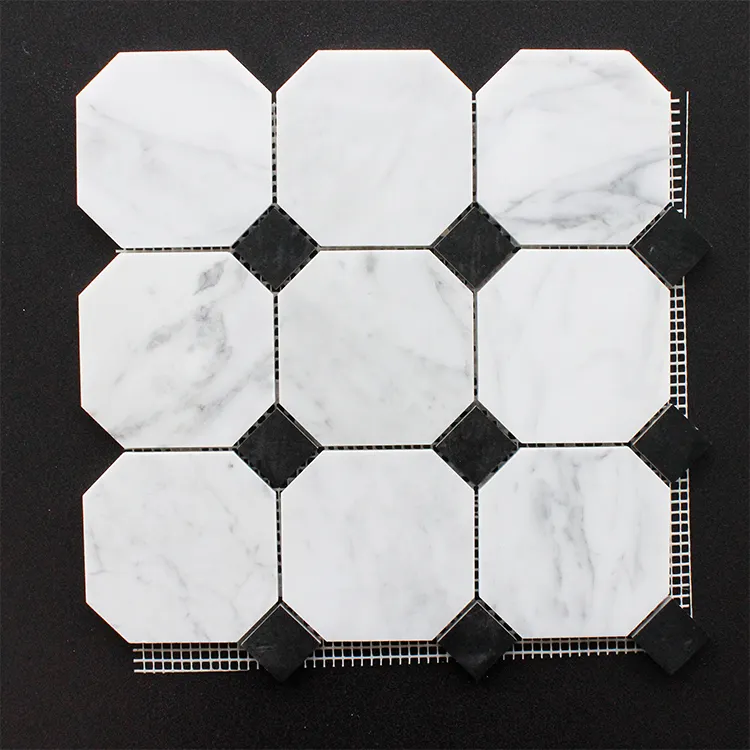 Mosaico de mármol blanco y negro, piedra octagonal, diseño Irregular para suelo de baño