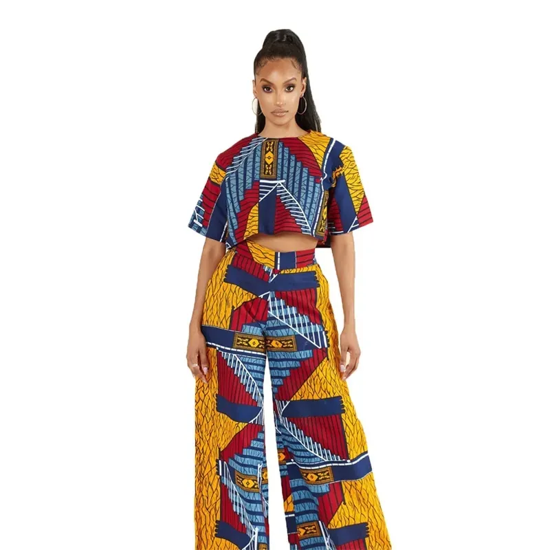 Yeni afrika yüksek bel takım elbise Ankara baskı üst ve geniş bacak pantolon afrika kadınlar için giysi moda bayanlar setleri 2023 yaz