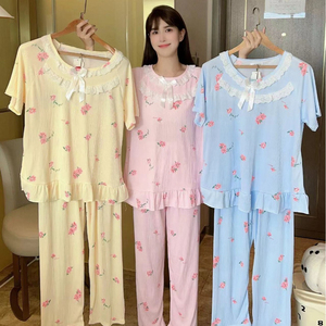 パジャマ女性の夏用薄いレース半袖ズボンプルオーバーゆったりと快適な日常着スーツ