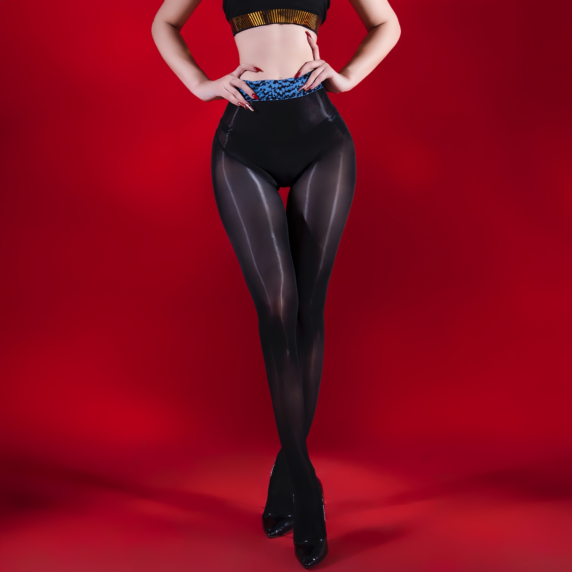 Blue waist and black stockings