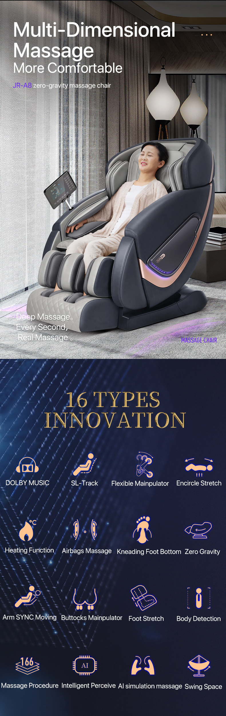 Jare A8 New Arrival Factory Price 4D Massage Heating Vibrator Shiatsu Kneading Electric Hot Sales  Full Body Massage Chair
