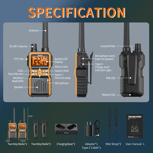 Walkie-Talkie de doble canal con 61 canales + 121 códigos de privacidad, modo activado por voz de 9 niveles, alerta meteorológica NOAA