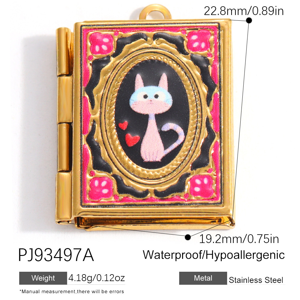 Libro dorado de 14 páginas con un gato rosa.