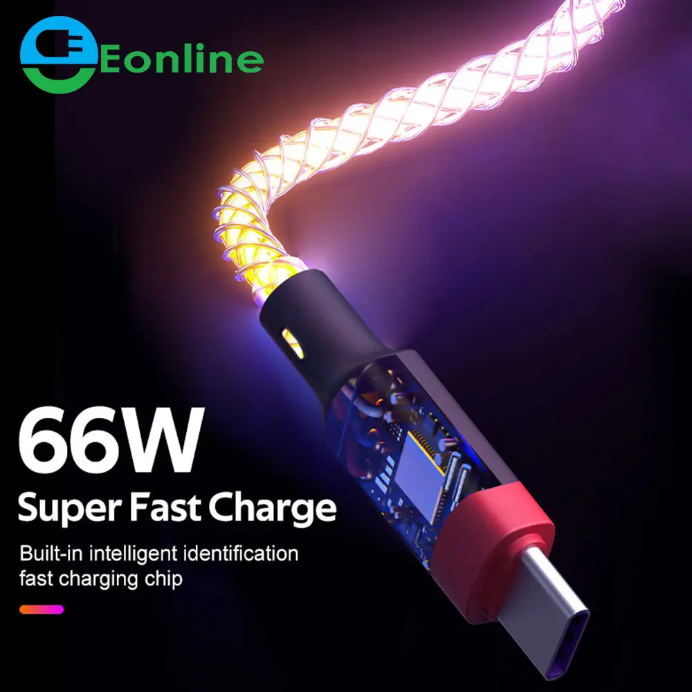 كابل الشحن السريع, EONLINE RGB LED 6A USB نوع C كابل شحن سريع لهاتف هواوي أندرويد هاتف سامسونغ أوبو فيفو