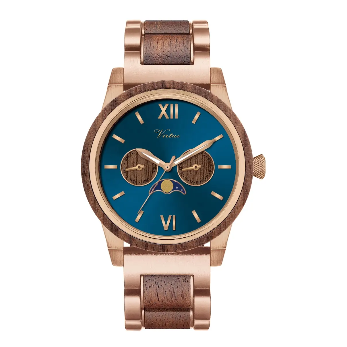 Nieuwe Technologie 2023 Fahion Luxe Chronograaf Datum Week Quartz Houten Roestvrijstalen Horloges Mannen Custom Logo Hout Horloge