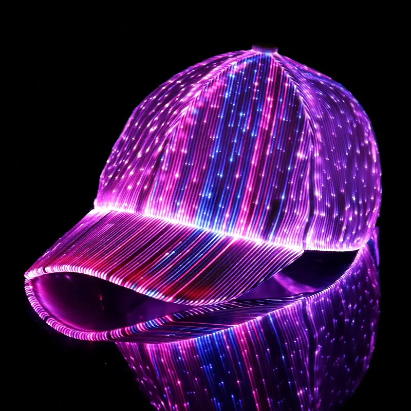 Atacado Fibra óptica cap LED chapéu com 7 cores luminosos brilhantes chapéus USB Carregamento light up caps led natal cap para o evento