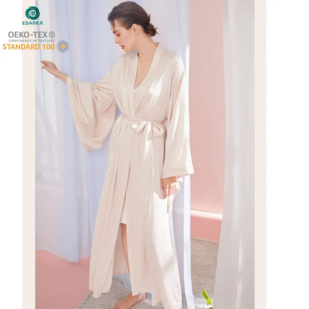 ESASILK-Kimono Largo de seda para mujer, bata larga, camisón