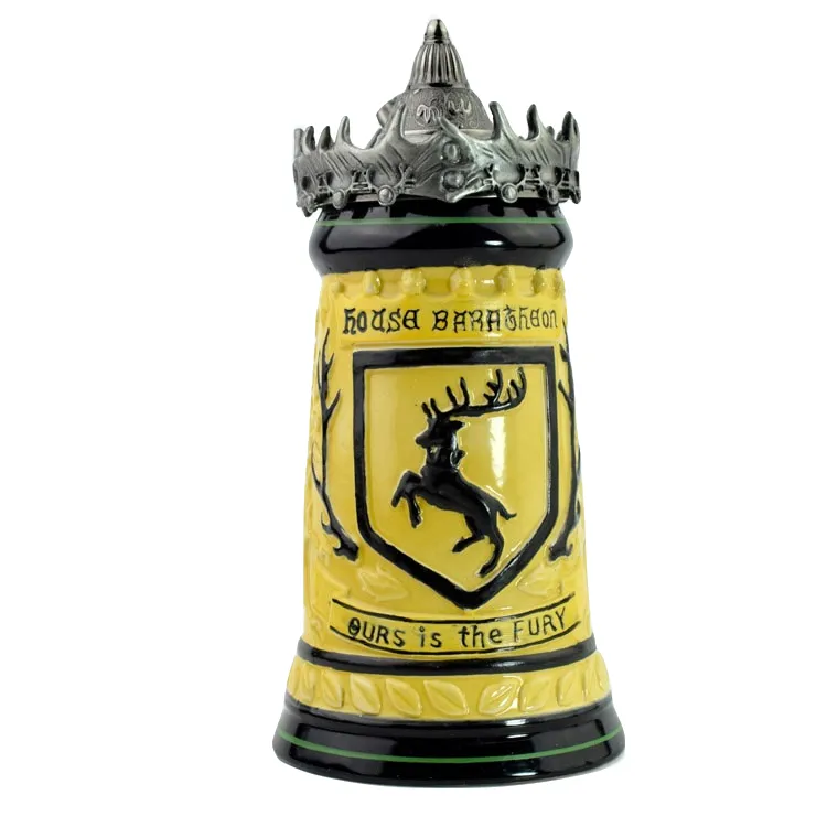 Taza de Juego personalizada, vaso de cerveza de cerámica con estaño, corona de Baratheon