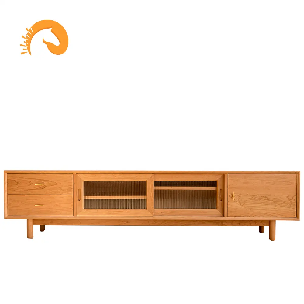 Nodic TV stand coffee table combination cherry wood for small family living room with glass door and drawers