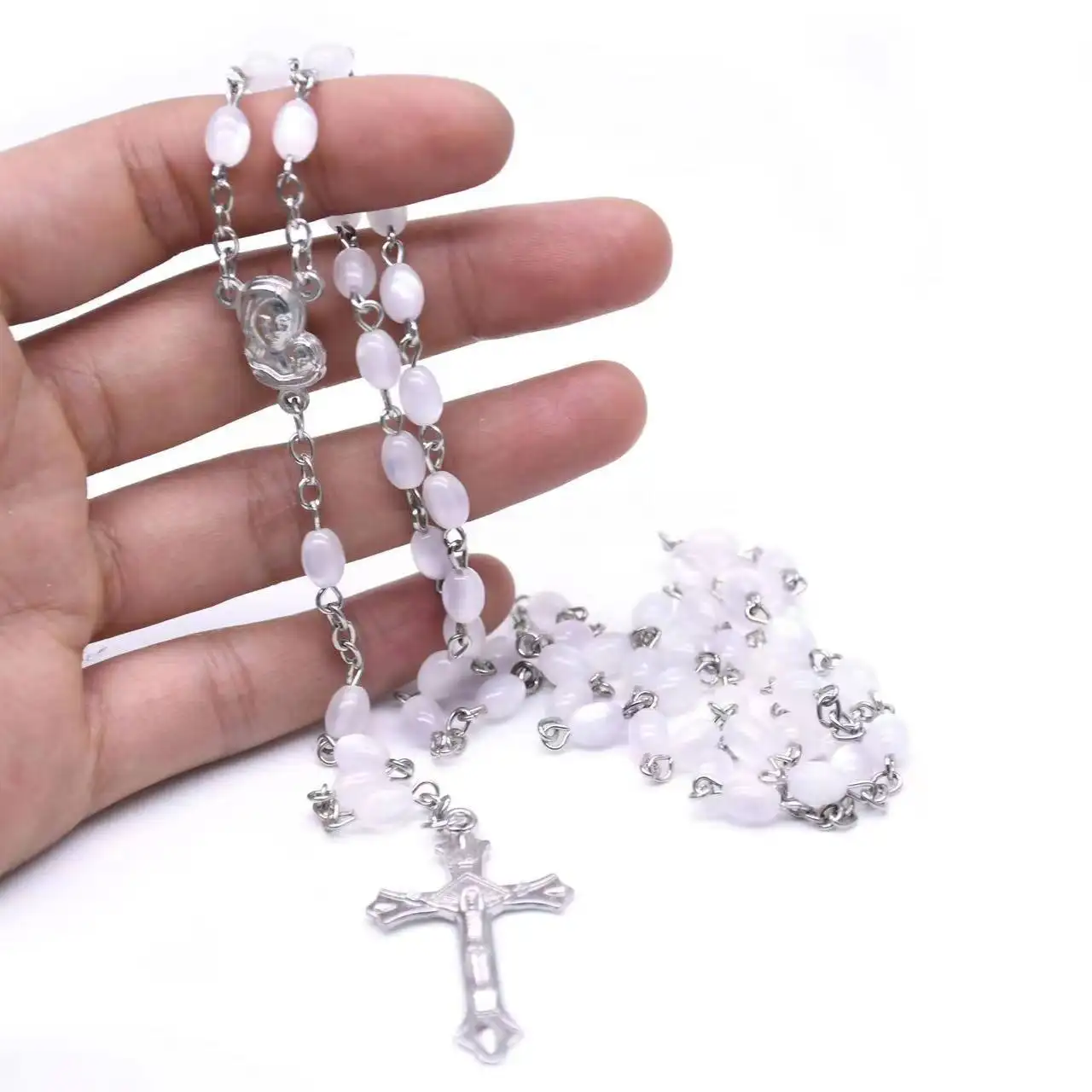 Cat Eye Cross Pendant Necklace Rosary Prayer Beads necklace