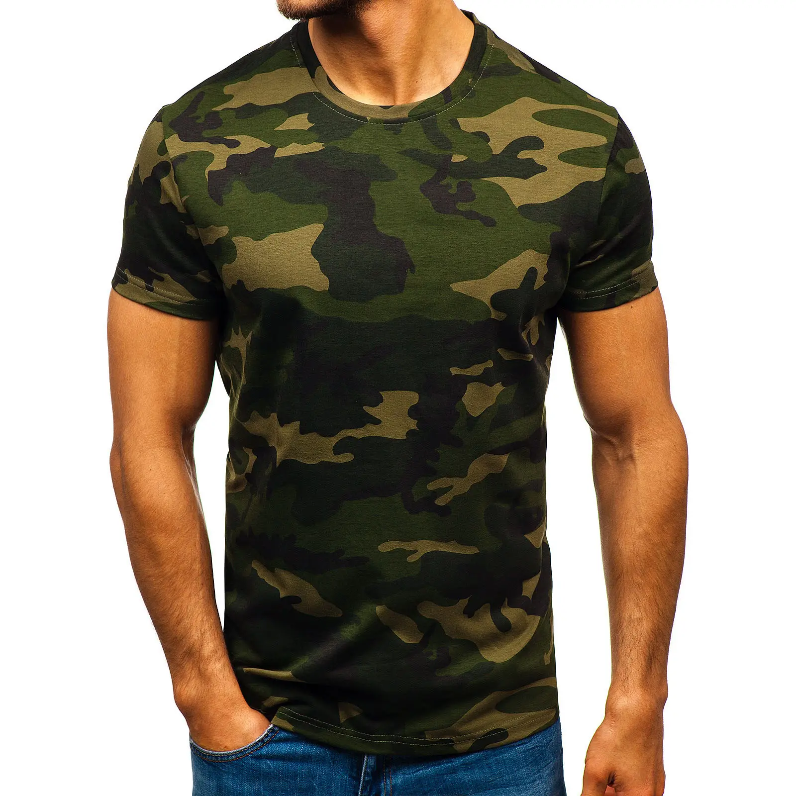 Servizio OEM all'ingrosso poliestere traspirante Camouflage sport all'aria aperta girocollo magliette manica corta Tshirt mimetica tattica da uomo