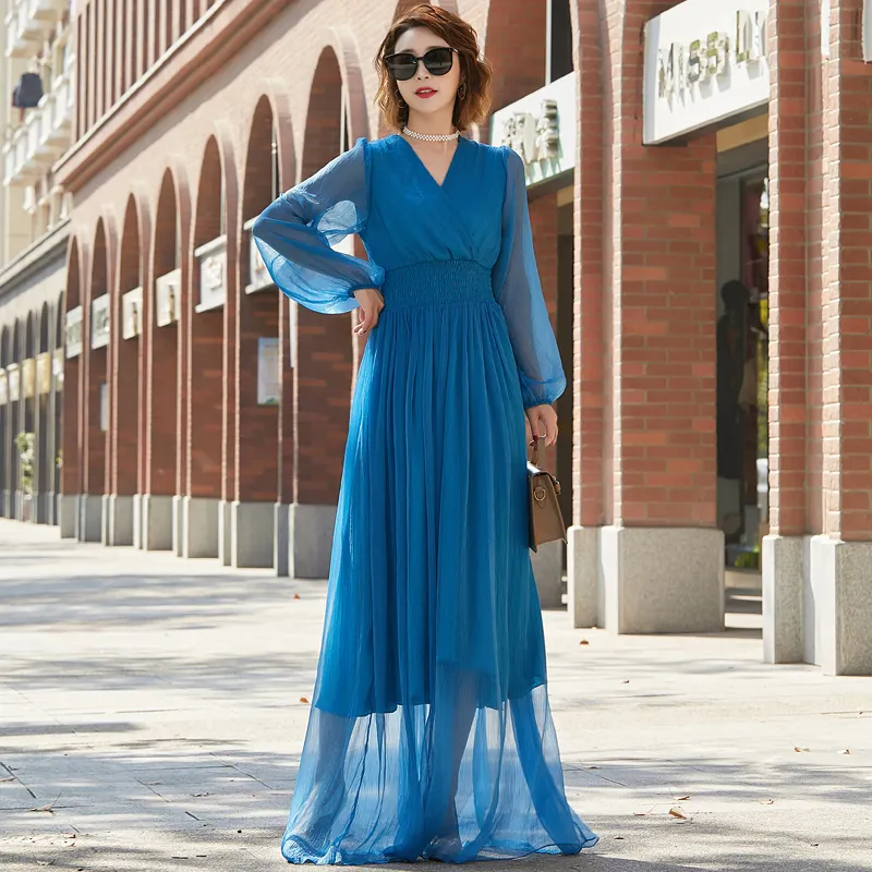 2021 New Arrivals Fashion Designer Runway dress Spring Summer Women Peacock Blue Dress Bow collar Silky Elegant Chiffon Dresses