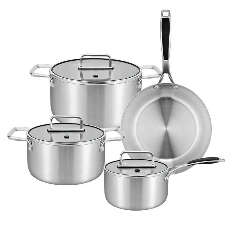 Accesorios de cocina de olla y sartén de lujo de fábrica, utensilios de cocina Triply de acero inoxidable, juego de sartén antiadherente