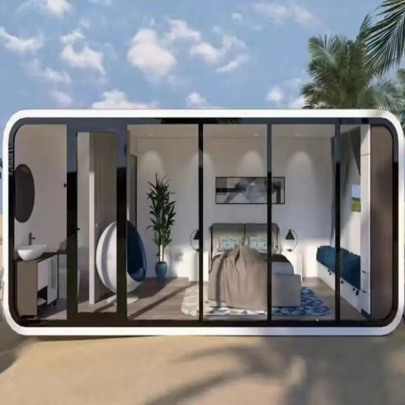 Luxo pequeno inteligente um quarto minúsculo vidro casas villa modular personalizável pré-fabricada apple cabine recipiente casa