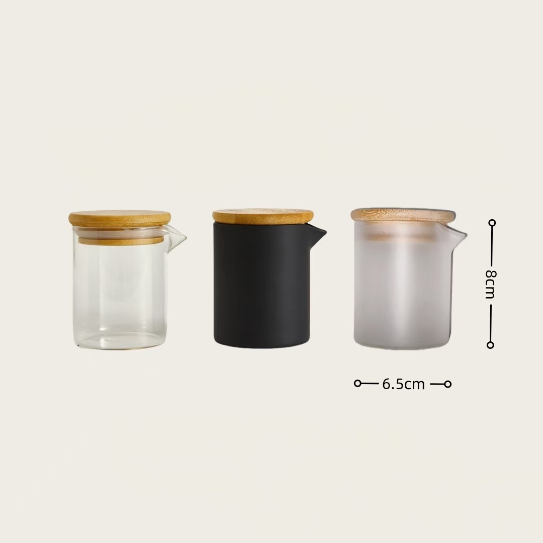 Tarro transparente con boquilla vertedora y tapa de bambú