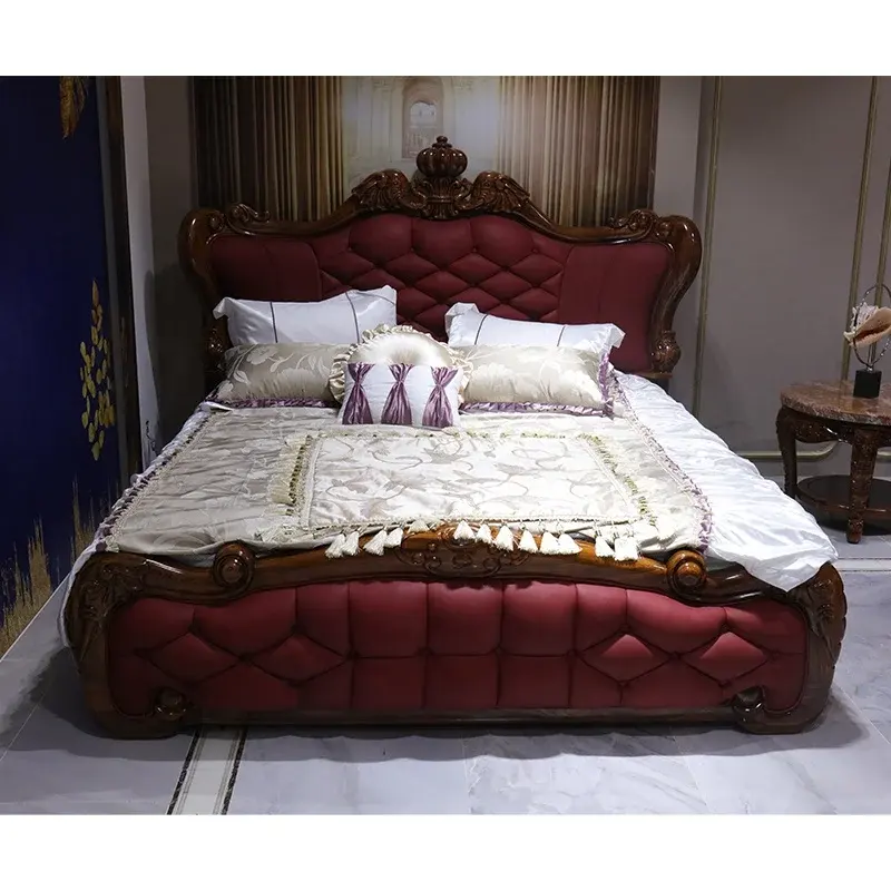 Ensemble de chambre à coucher de luxe européen classique espagnol Cadre de lit en teck sculpté à la main en bois solide Design Super King Royal Elephant