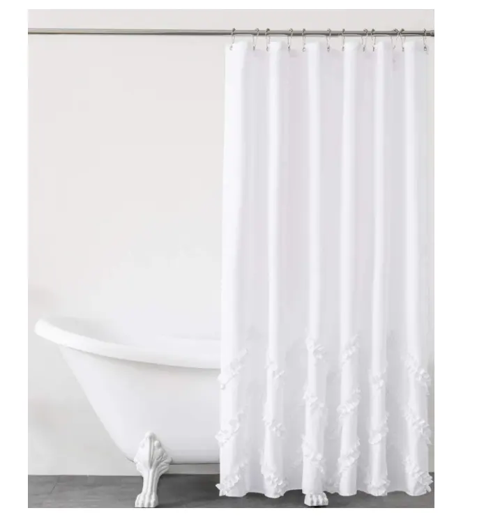 Cortina de ducha de tela elegante de granja Bohemia lavable a máquina para baño Cortina de ducha de rayas zig-zag con volantes