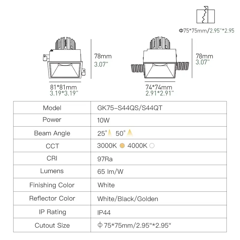 XRZLux lampu sorot tanam, 10W IP44 tahan air Downlight persegi ETL COB LED tersembunyi langit-langit 0/1-10V bisa diredupkan