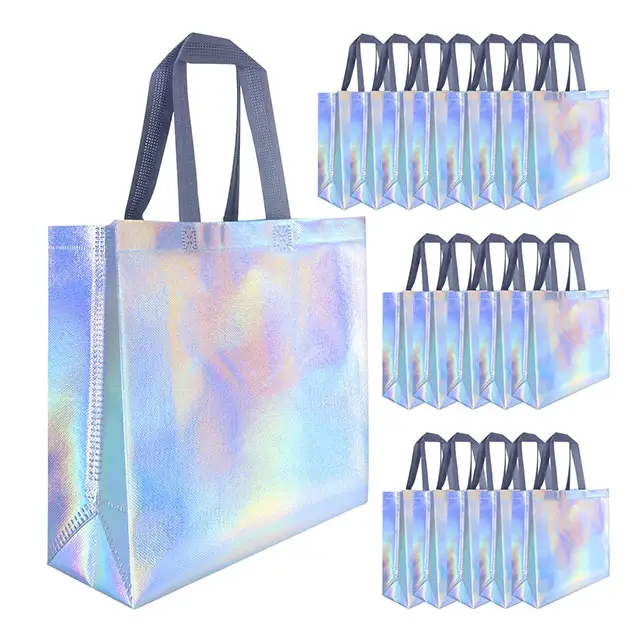 Logo Promotion Eco Laminated Non Woven Holographic Metallic Silver Reusable Gift Tote Bags For Wedding Shopping Birthday Party