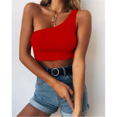 Top cropped elástico feminino sem mangas, camiseta curta alça justa ombro