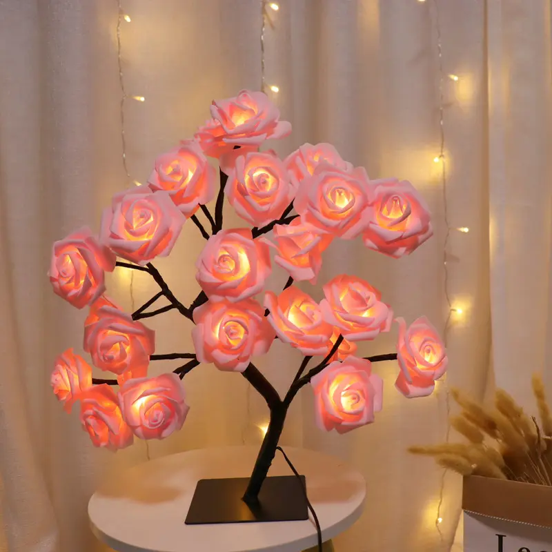 Atacado LED Rose Lâmpada De Mesa 24led Romântico Flor Noite Luz Quarto De Casamento Decoração Interior Rose Flor Bonsai Árvore Luz