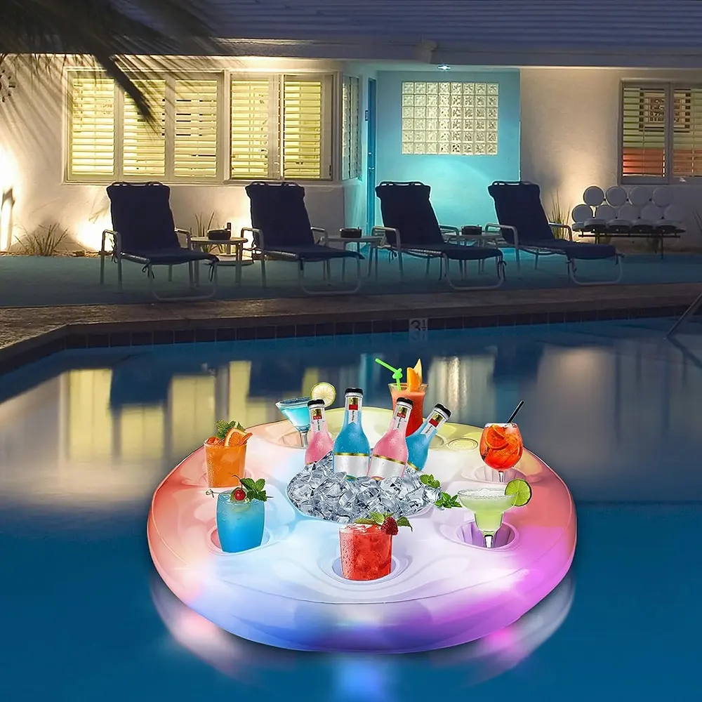 63cm Beverage Fruit Serving Bar Swimming Pool Party LED Color Changing Inflatable Drink Holder Floats With RGB