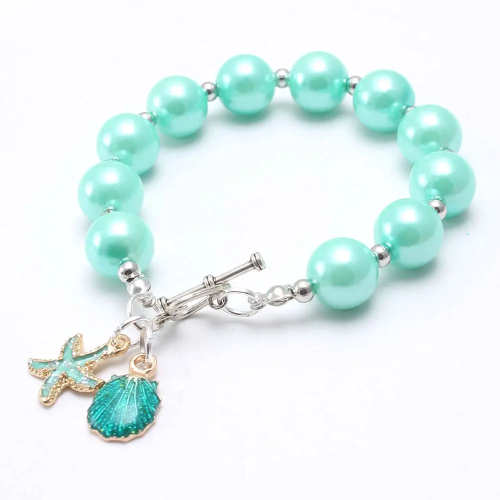 Cor sólida ABS Pérola Beads Pulseiras Com Bonito Sea Star Shell Árvore Charm Bracelet Para Crianças Bebê Meninas