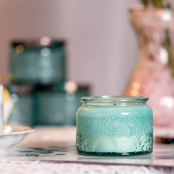 Blue Embossed Glass Candle Container jar with Tin Lid and Labels, 4 oz